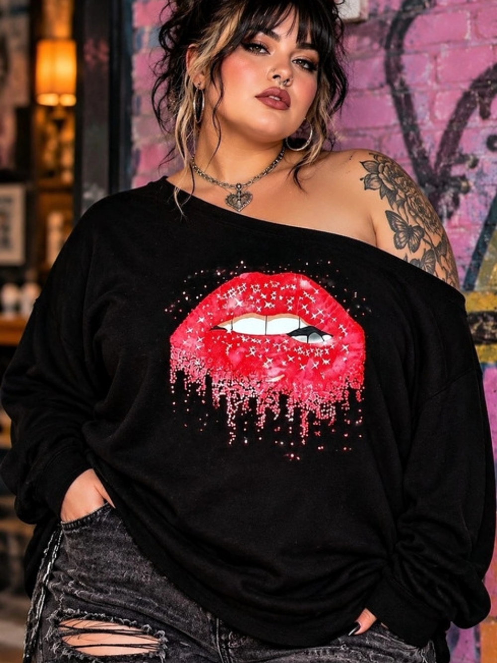 MAGICMK 4XL Black Off Shoulder Red Sequin Lips Slouchy Top